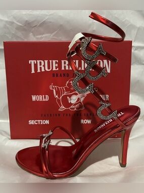 True Religion Red Swirl Horseshoe Rhinestoned High Heels 6
